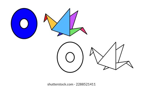 Cartoon origami and letter O coloring book vector illustration for children