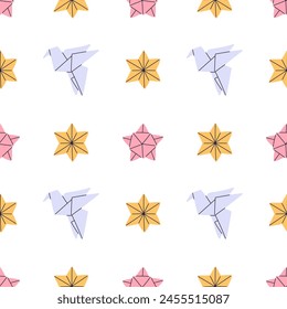 Cartoon origami seamless pattern. Folded paper birds and stars. Japanese crane. Friendship and good luck symbol. Handmade pinwheel. Geometric creative dove. Garish vector