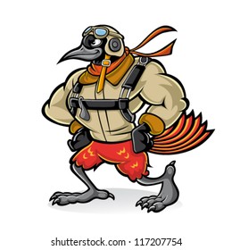 Cartoon oriole bird gallant aviator who was hands on her hips with confidence and wear uniforms and sunglasses aviator
