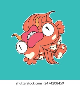 a cartoon Ornamental fish with white patterns swim happily.