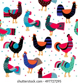 Cartoon ornamented roosters on white background. Seamless pattern for your design. Decorative cocks, symbol 2017 by the Chinese calendar. Ornamented roosters, singing roosters, cocks in various poses.