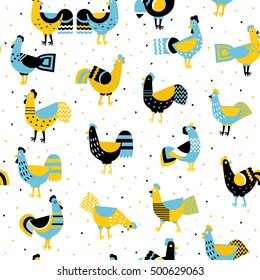 Cartoon ornamented roosters on white background. Seamless pattern for your design. Decorative cocks, symbol 2017 by the Chinese calendar. Ornamented roosters, singing roosters, cocks in various poses.