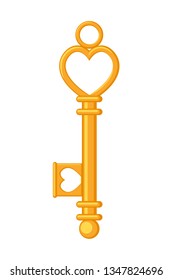 Cartoon ornate golden key. Vintage love and wedding symbol. St. Valentine day themed vector illustration for icon, stamp, label, brochure, gift card, poster or banner decoration
