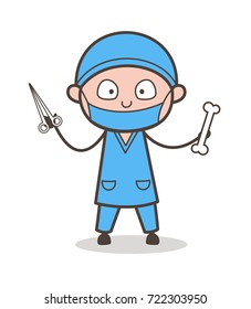 Cartoon Orthopedic Surgeon with Scissors and Bone Vector