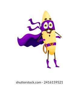 Caricatura o personaje de superhéroe de pasta italiana. El aislado vector valiente y el personaje de la fiera salva el día con sus superpoderes y su encanto cursi. Los macarrones sonrientes felices usan máscaras violetas y lazo