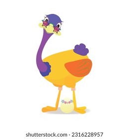 A cartoon ostrich with glasses is guarding an egg with his pet.
