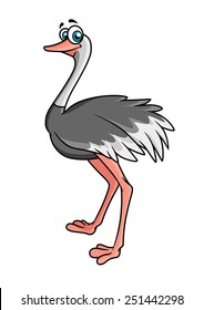 Cartoon ostrich with grey feathers standing sideways looking at the viewer, suitable for kid books or comics
