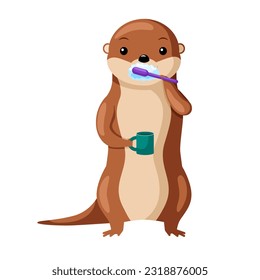 Cartoon otter brushes her teeth. Animal character washing morning. Design of funny sticker for showing emotion. Vector illustration