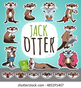 Cartoon Otter Character. Emoticon Stickers With Different Emotions. Vector Illustration.