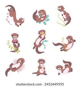 Nutria de dibujos animados. Nutrias divertidas en diferentes poses, comer, jugar y nadar. Personajes de animales acuáticos, ríos o lagos. Mascota infantil hoy en día conjunto de Vector