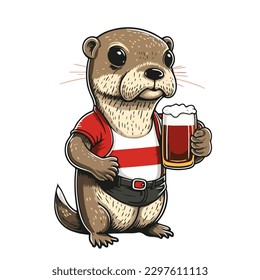 Cartoon otter with a mug of beer in his hand on a white background. Vector illustration