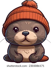 cartoon of an otter with an orange knitted hat, in the style of charming anime characters, realistic chiaroscuro, dark crimson and light blue。