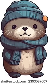 cartoon otter in winter jacket knitted scarf and hat, in the style of light navy and dark cyan, caricature-like illustrations, humble charm, heavy shading, rounded, subtle use of shading.