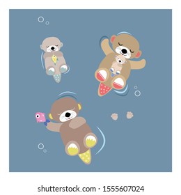 Cartoon Otters Family on blue background