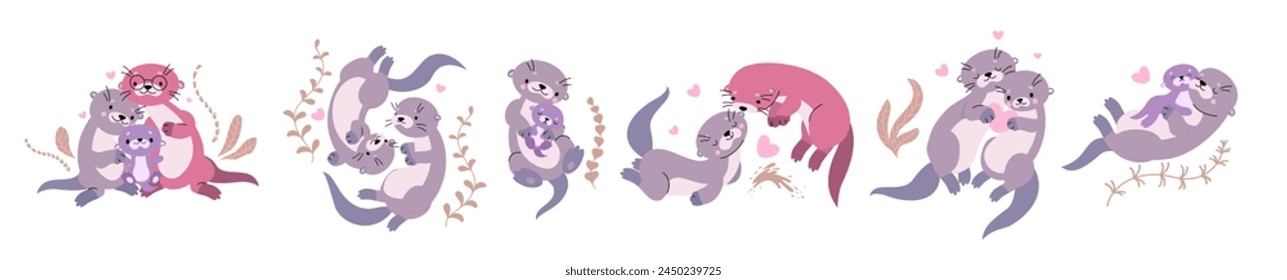 Cartoon otters family. Otter hugs and kisses with partner or child. Parenthood, maternity characters. Animals couples, nowaday vector clipart