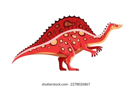 Caricatura del personaje de los dinosaurios Ouranosaurus. Monstruo o dinosaurio de época cretácica, criatura extinta o personaje vectorial de historieta lagartija roja. Paleontología herbivora bestia o animal con vela en la espalda