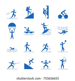Cartoon Outdoor Activities Sports Games Blue Icons Set Include of Badminton, Footbal or Soccer, Swimming and Running Flat Design Style. Vector illustration of Sport Game Icon
