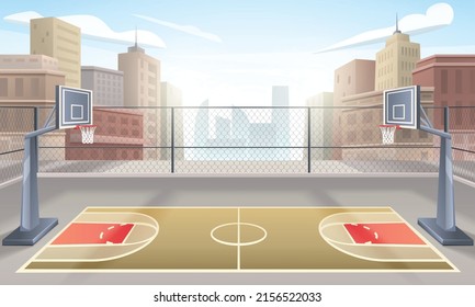 Cartoon outdoor basketball court on background with city houses vector illustration