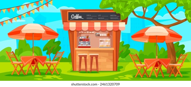 Cartoon outdoor cafe. Cafeteria booth or restaurant terrace outside patio, summer street bistro exterior, dining lunch veranda with table and bench chair, neat vector illustration of cafeteria cartoon