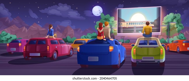 Cartoon outdoor drive-in cinema. Car movie theater in open air with loving couple, lonely boy and girl. Summer night with people sitting on automobile roof and watching film on big glowing screen.