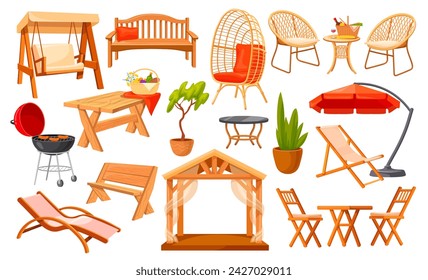 Cartoon outdoor furniture. Living patio exterior elements, wicker rattan chairs garden barbecue, backyard picnic terrace seat bench and table vector illustration of furniture restaurant backyard