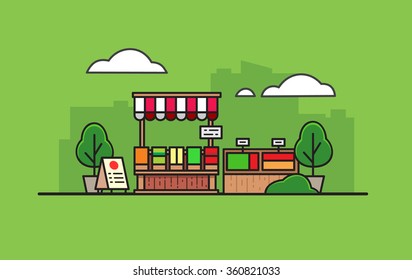 Cartoon outdoor store on green background in flat style