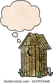 cartoon outdoor toilet with thought bubble in grunge texture style