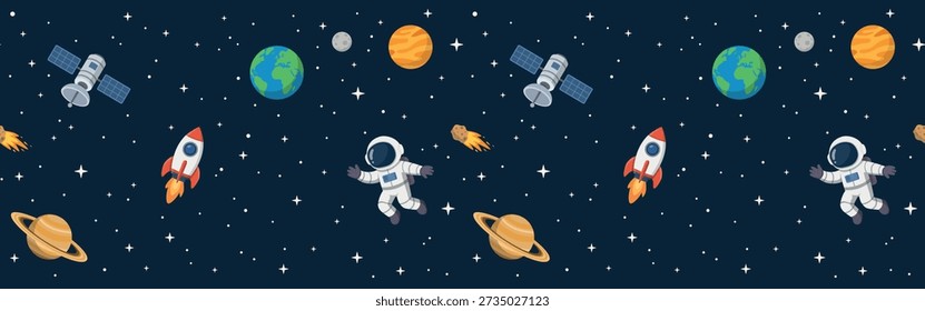 Cartoon Outer Space mit Astronaut, Rakete und Planeten nahtlosen horizontalen Banner