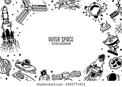 Cartoon Outer Space doodle background with space illustrations isolated on white background. Hand drawn drawings of Rocketship, satellite, planets, UFO, alien, shooting stars. Vector. 