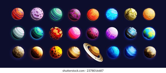 Caricatura en el espacio ultraterrestre. Planetas galaxiales. Sistema solar. Exploración universal. Tierra y Saturno. Esfera de Marte. asteroide cósmico. Pegatinas de juego degradadas. Estrellas de cosmos de color. Conjunto de iconos extraterrestre vectoriales