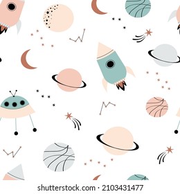 Cartoon outer space seamless pattern. Space with rockets, planets, stars and a spaceship. Baby cute Scandinavian style background.