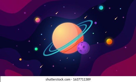 Cartoon outer space vector. A galaxy with stars, comets, bright planets and a nebula.