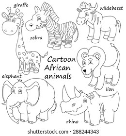 Cartoon outline African animals vector illustration