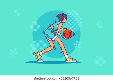 Cartoon Outline basketball woman Character. Sports and wellness Illustration