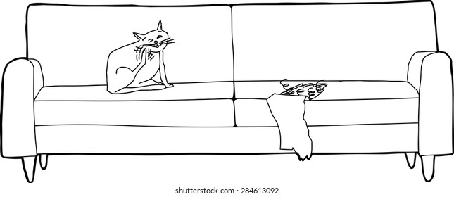 Cartoon outline of cat sitting on ripped sofa