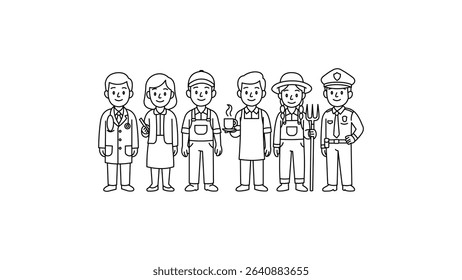 Cartoon outline characters of different professions. Great for education, kids content, or coloring pages. Created with the help of AI and traced in Illustrator.