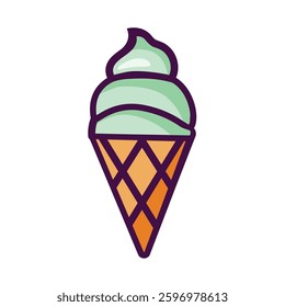 Cartoon outline drawing of ice cream in waffle cone colorful image isolated on white background. Ice cream logo design, print. Ice cream icon. Vector illustration
