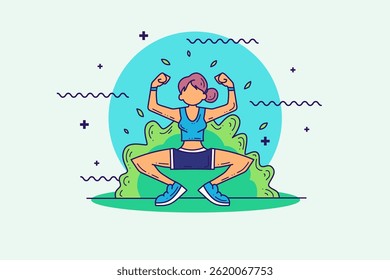 Cartoon Outline Fitness woman Character. Sports and wellness Illustration