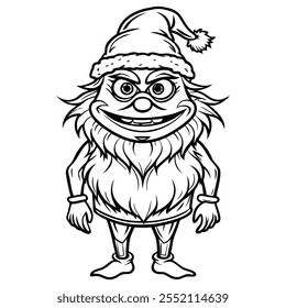 cartoon outline of green monster in christmas hat. Vector illustration for coloring book 