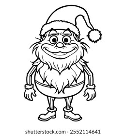 cartoon outline of green monster in christmas hat. Vector illustration for coloring book 