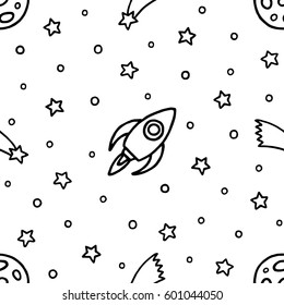 Cartoon Outline Hand Drawn Rocket, Stars and Comet on White Background Vector Seamless Pattern