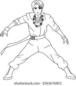 cartoon outline of an idol performing on stage. pose like a ninja. a handsome model