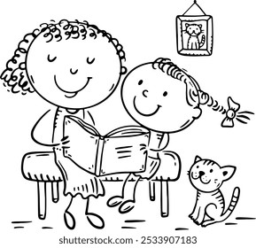 Cartoon outline illustration of happy mother and daughter sitting and reading a book together. Family activity clipart, single parent with kid. Parenting, motherhood concept. Parent actively spends ti