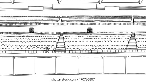 Cartoon outline illustration of large stadium with single fan in front of empty playing field