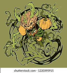 Cartoon outline illustration of a spooky plant monster. Bogy with sharp claws and scary pumpkin shoulders. Hand drawn symbol of halloween 