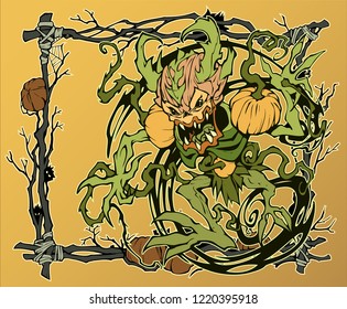 Cartoon outline illustration of a spooky plant monster. Bogy with sharp claws and scary pumpkin shoulders. Hand drawn symbol of halloween 