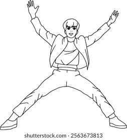 cartoon outline of a kpop idol dancing spectacularly on stage. an idol with cool clothes. someone who is dancing