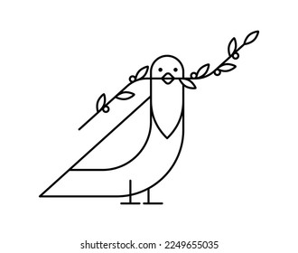 Cartoon outline pigeon with an olive branch in its beak vector illustration