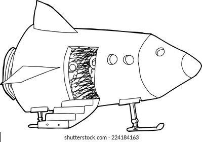 Cartoon outline of pilots looking from spacecraft