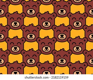 Cartoon outline smiling baby bear face on yellow background seamless pattern